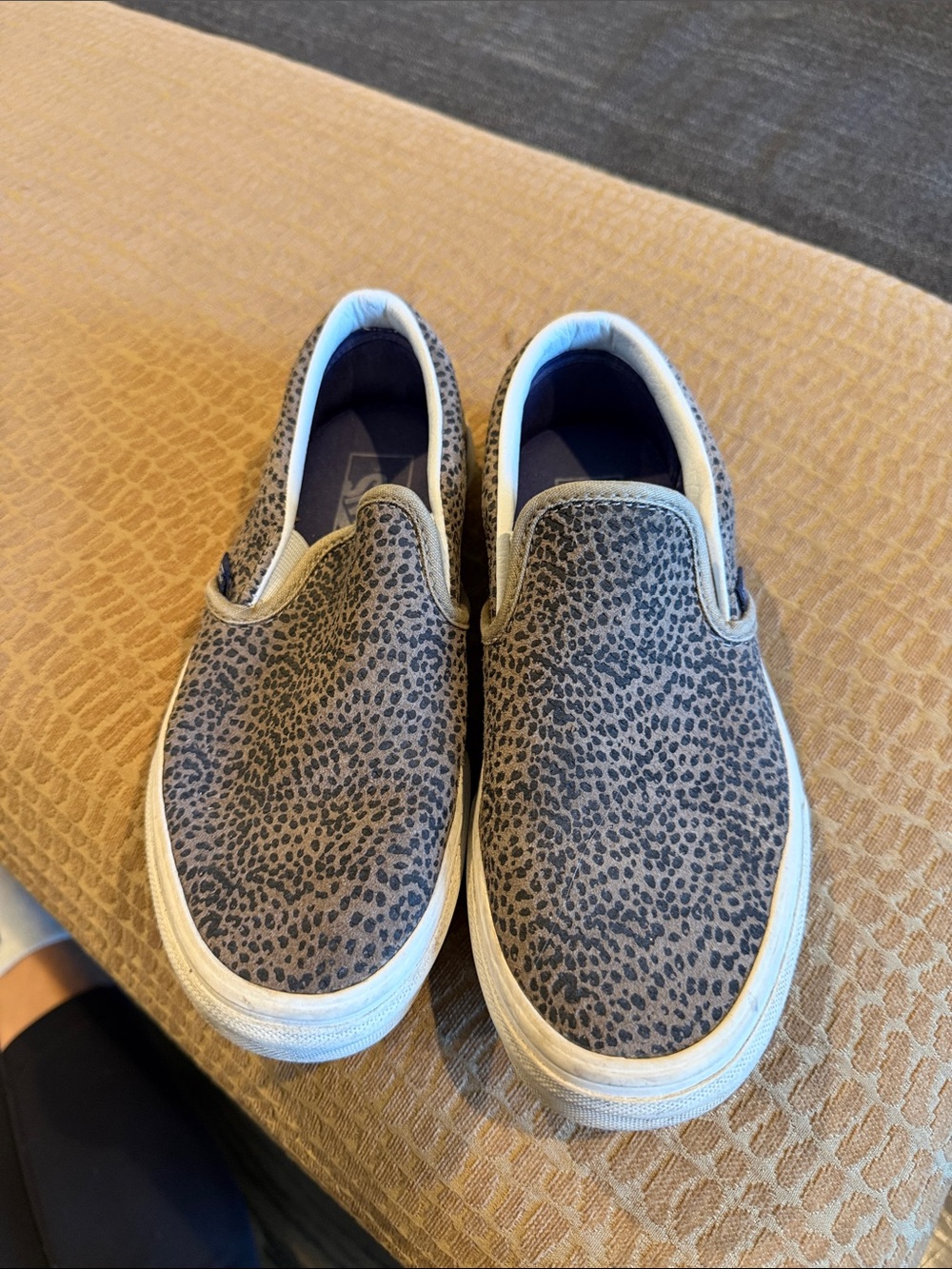 Vans Slip-On Sneakers in Gray and White Leopard Print